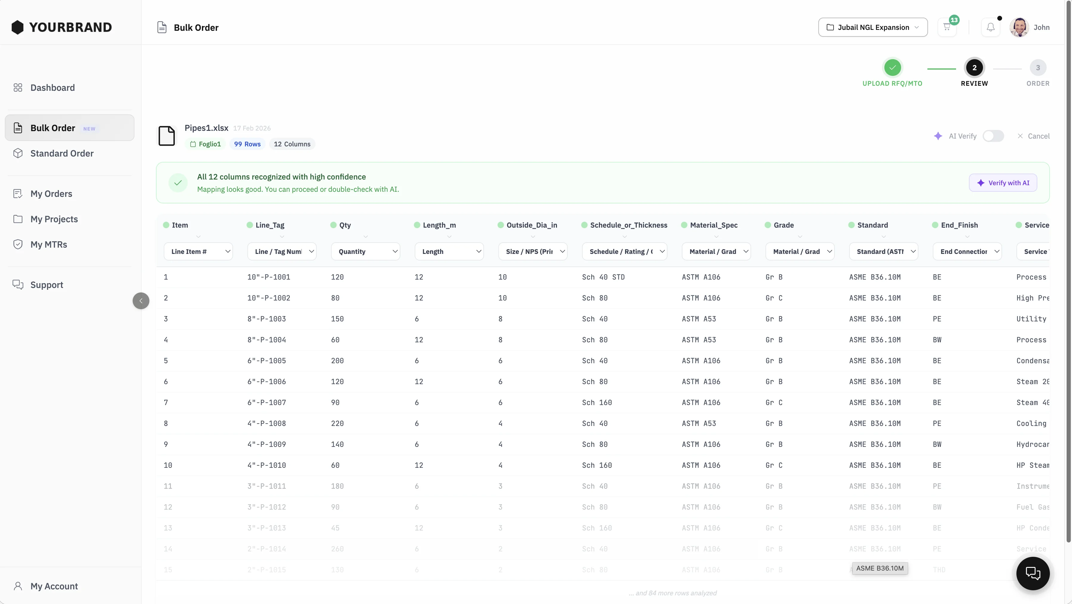 FastRFQ bulk quoting interface with normalized piping items